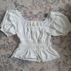 Anthropologie Maeve Ruched Puff Sleeve White Top